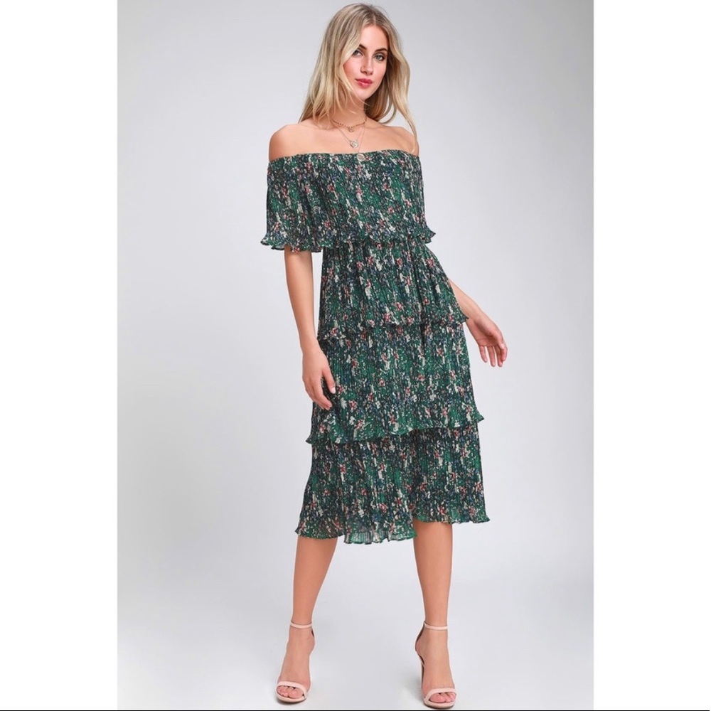 Lulu’s Gala Ready Green Floral Print Tiered Off the Shoulder Ruffle Midi Dress